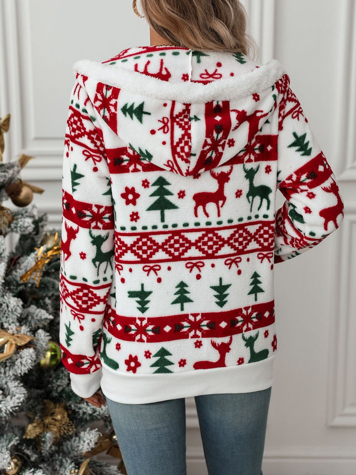 Sweat à capuche de Noël blanc doux pour femme avec fermeture éclair