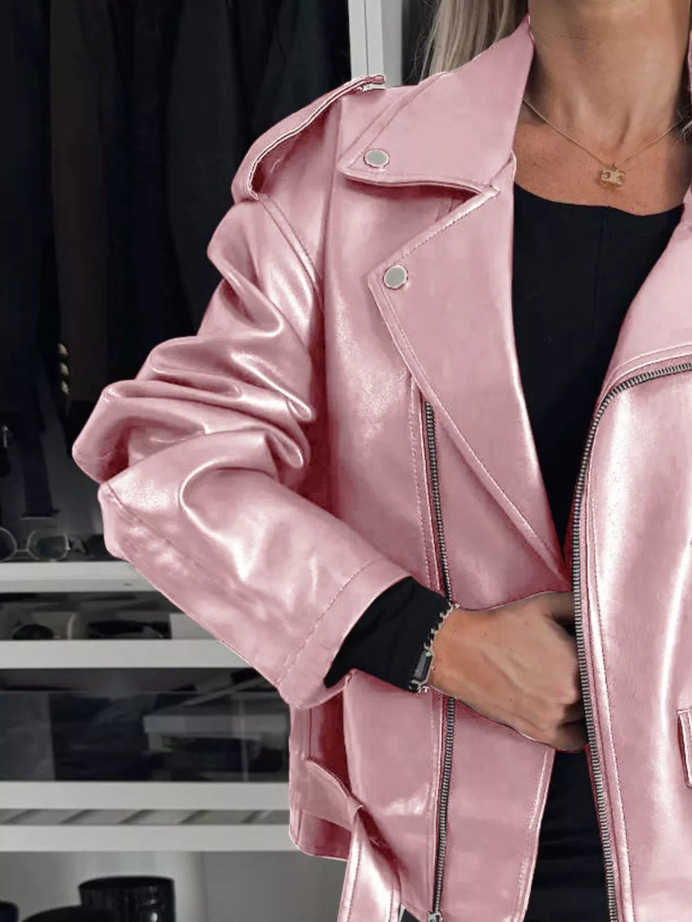 Oversized Women's PU Leather Biker Jacket with Belt and Notched Collar