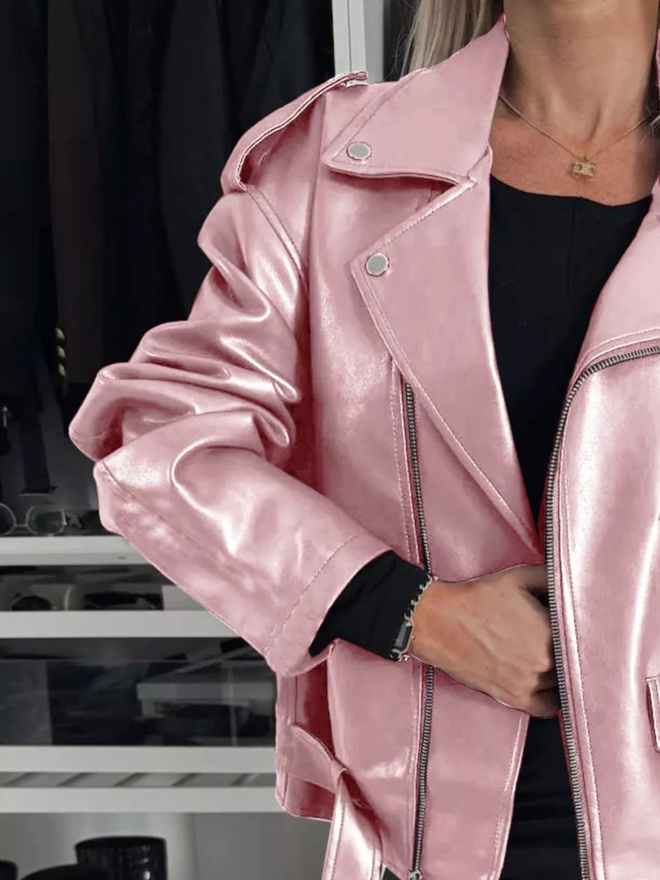 Oversized Dames PU-Leren Bikerjack met Riem en Reverskraag