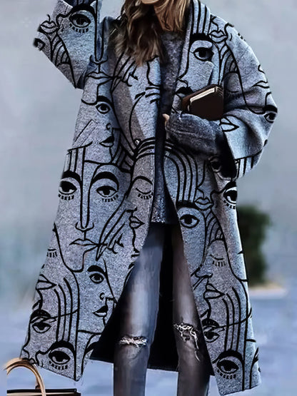 Luxe Elegante Dames Wollen Mantel Jas met Print