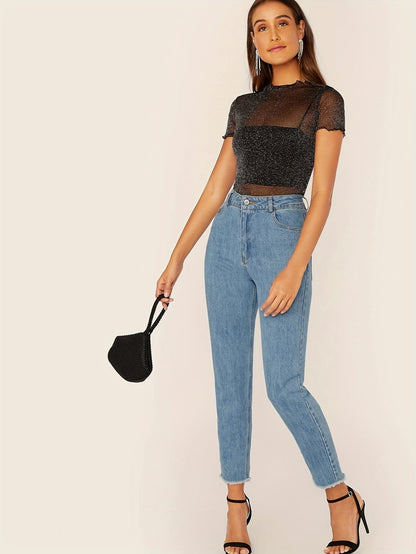 Carlee | Transparante Glitter Mesh Top met Korte Mouwen