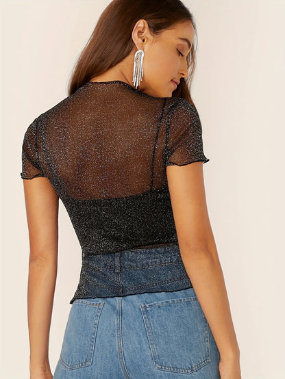 Carlee | Transparante Glitter Mesh Top met Korte Mouwen