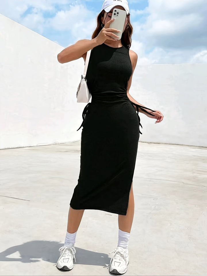 Fiana | Trendy Black Midi Dress with Drawstring