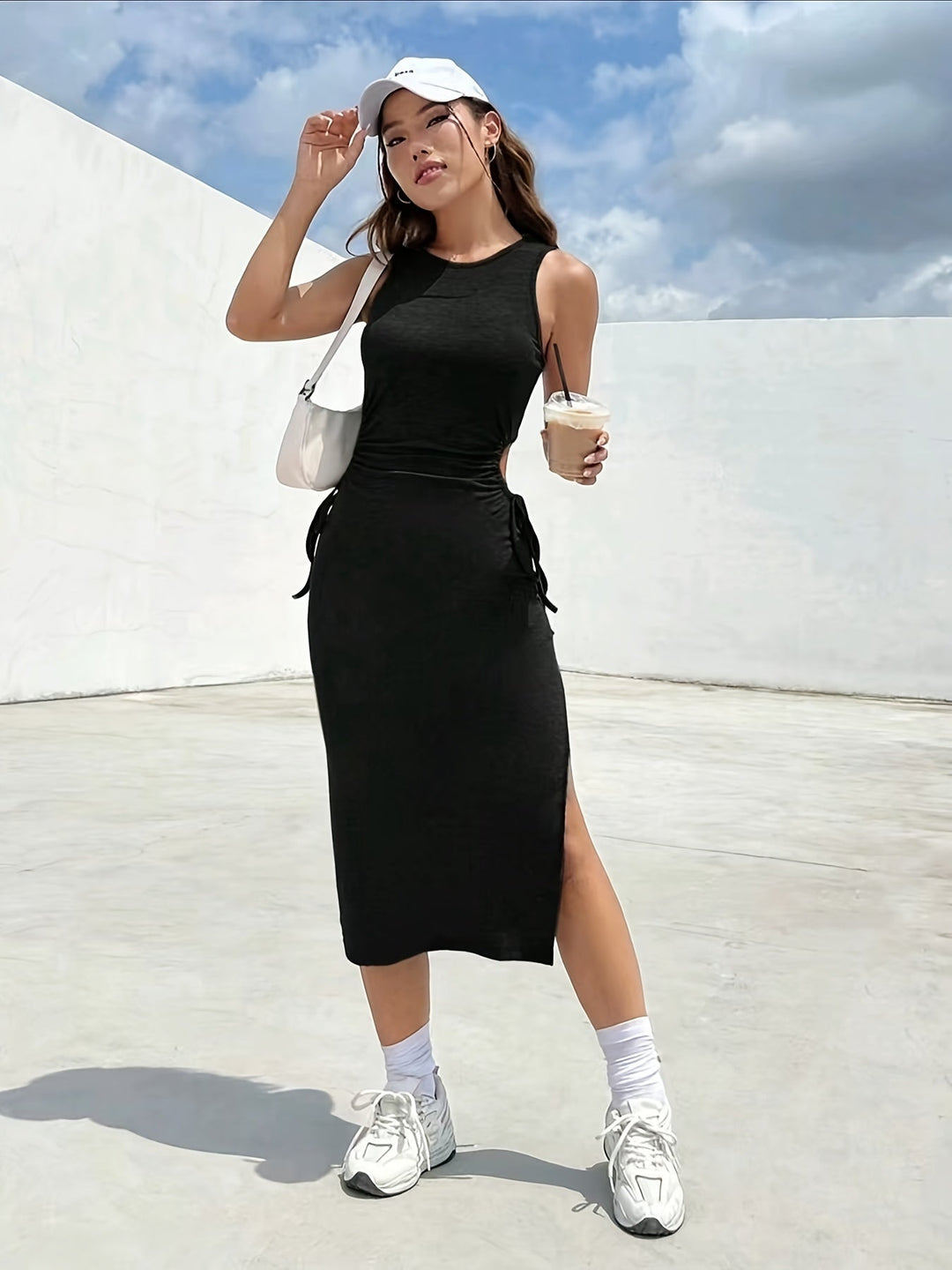 Fiana | Trendy Black Midi Dress with Drawstring