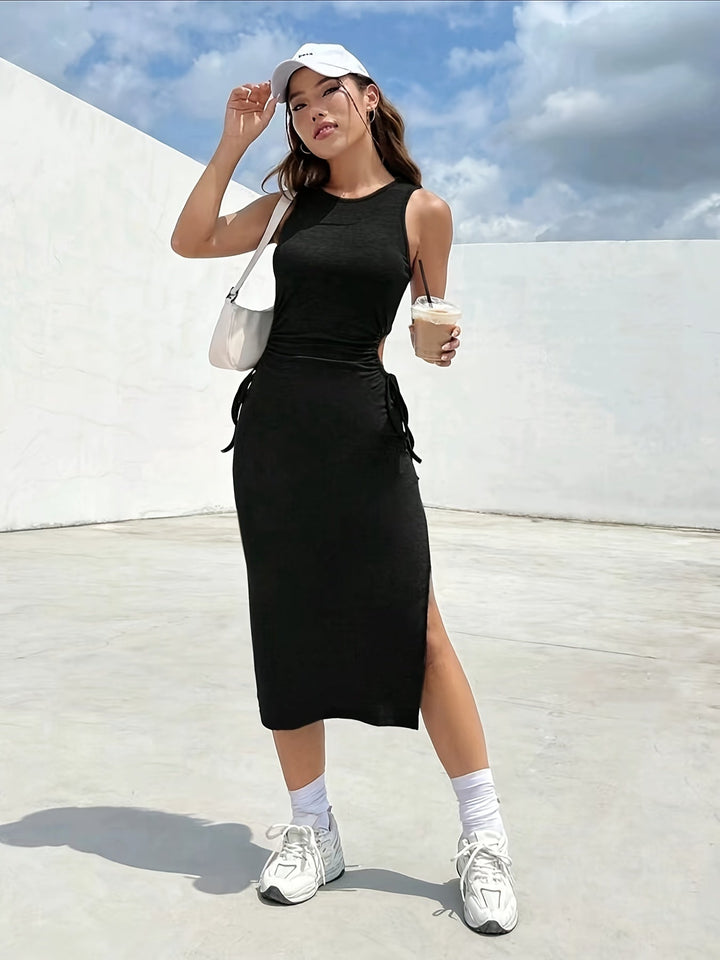 Fiana | Trendy Black Midi Dress with Drawstring