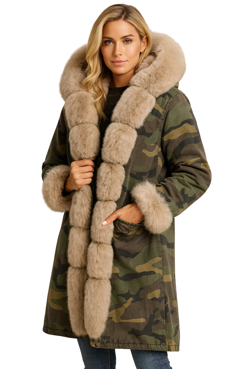 Oversized Camouflage Parka met Nepbonten Capuchon en Manchetten voor Dames