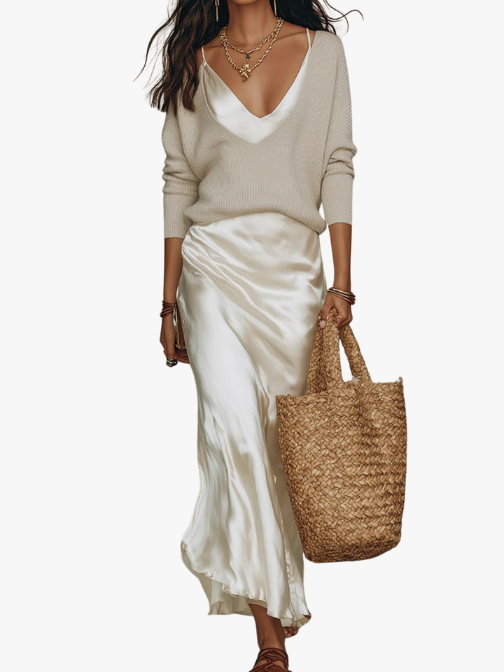 Dames Midi Jurk Satijn met Gebreide Cardigan - Set 2-Delig
