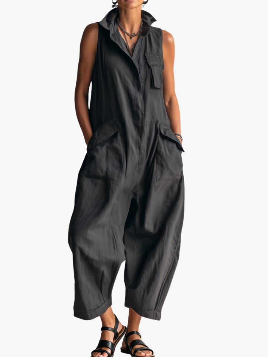 Dames Cargo Jumpsuit Zonder Mouwen met Verfijnde Kraag