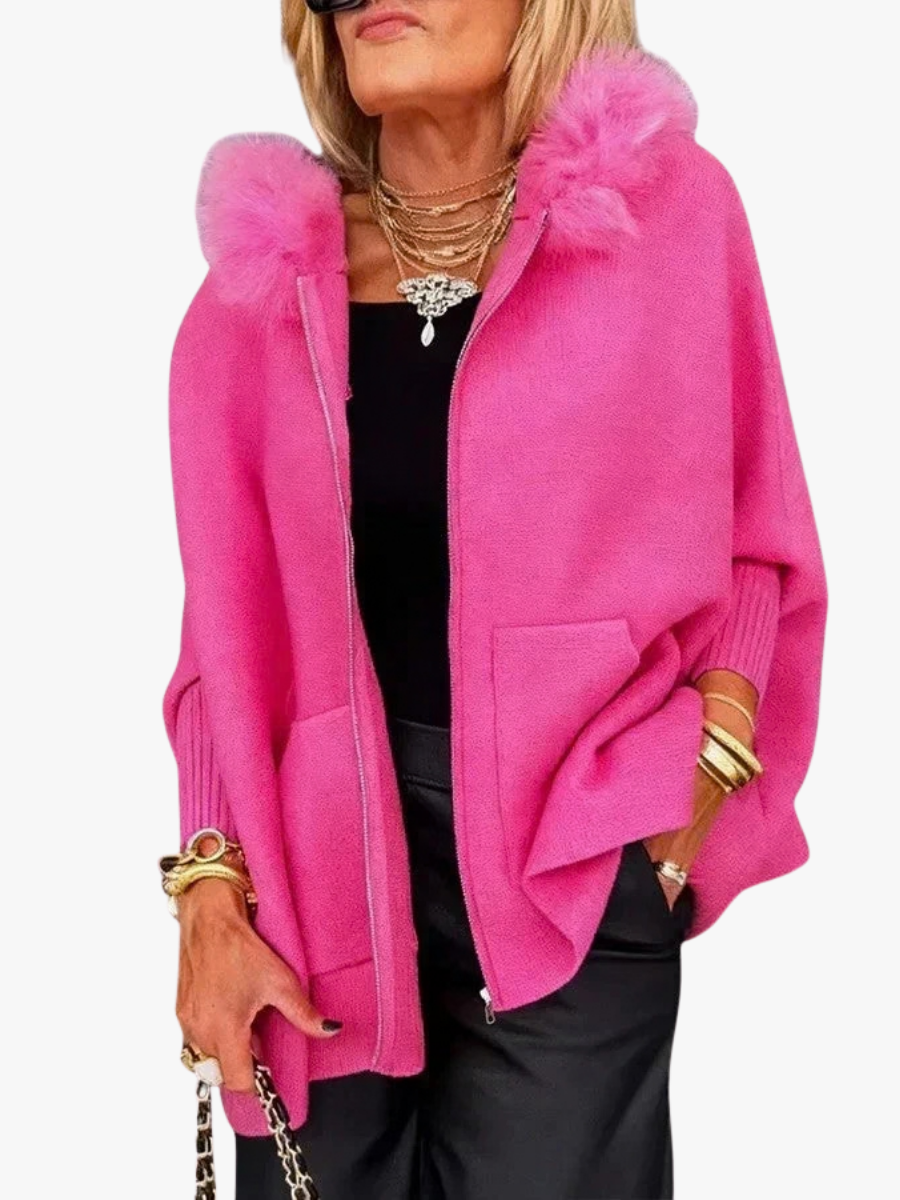 Oversized Gebreide Dames Poncho Jas met Bontkraag en Capuchon