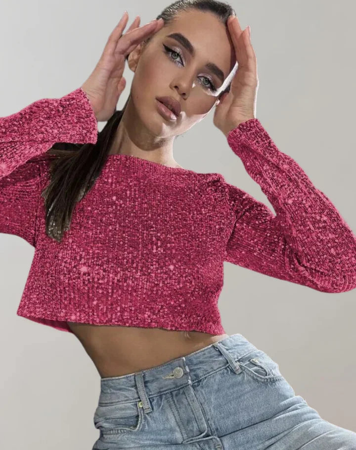 Glanzende Pailletten Dames Crop Top met Lange Mouwen en Boothals