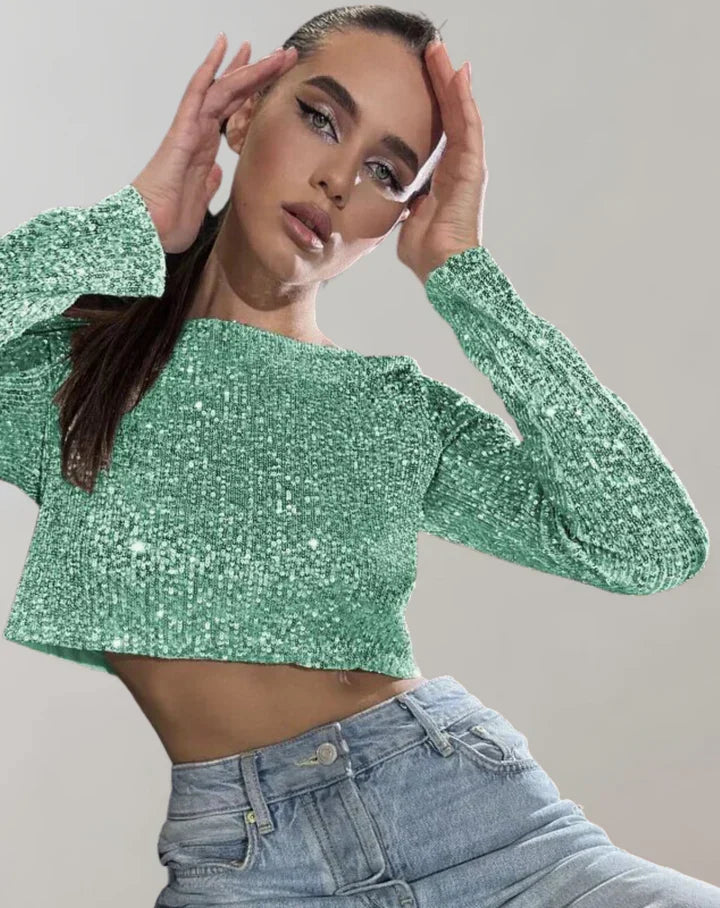Glanzende Pailletten Dames Crop Top met Lange Mouwen en Boothals
