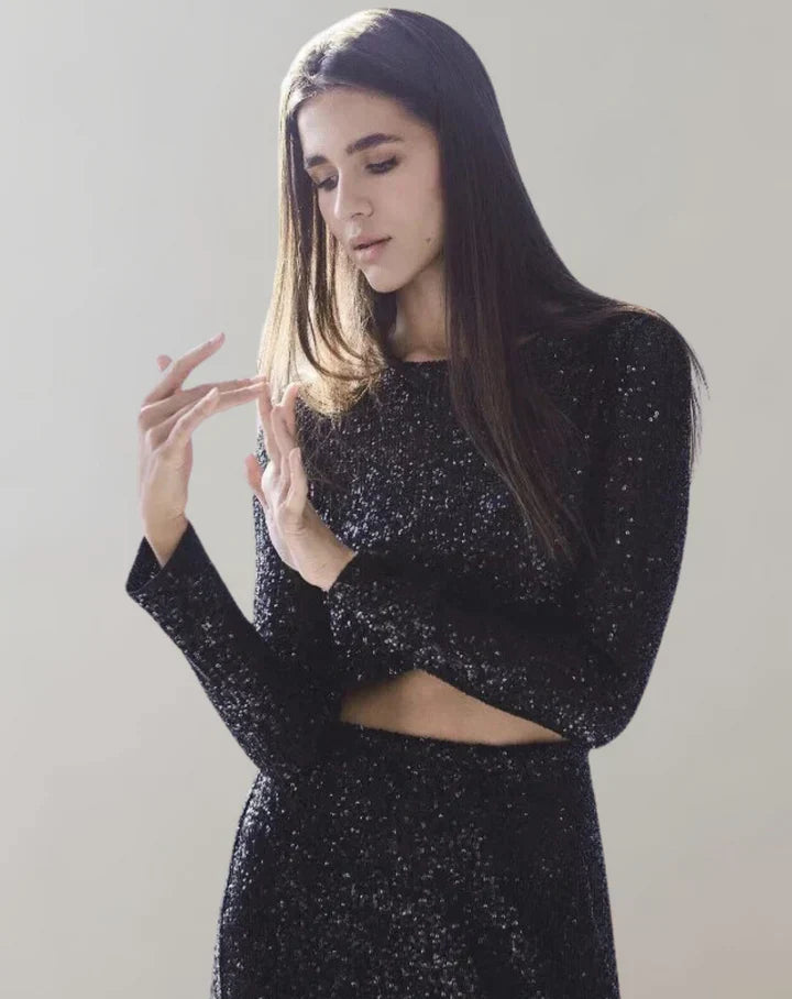 Glanzende Pailletten Dames Crop Top met Lange Mouwen en Boothals