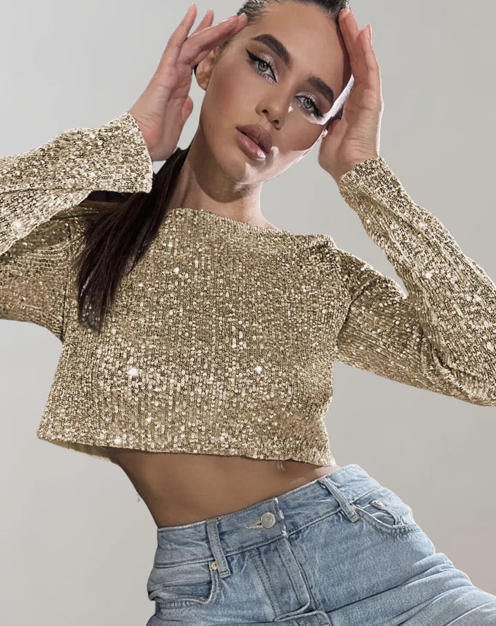 Glanzende Pailletten Dames Crop Top met Lange Mouwen en Boothals