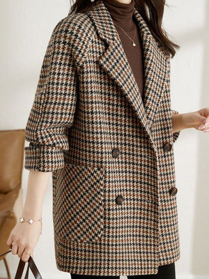 Chique Oversized Bruin Dames Blazer met Pied-de-Pouleprint