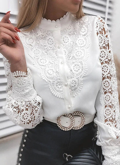Witte Elegante Dames Blouse met Kant en Lange Mouwen