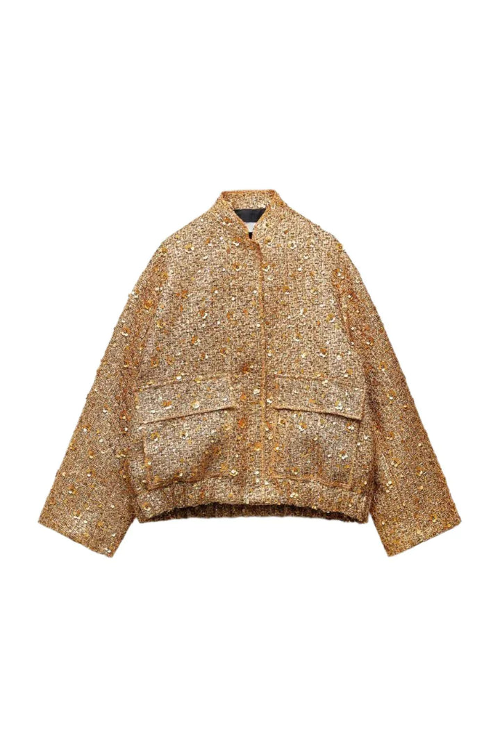 Golden Women's Glitter Bomber Jacket with Sparkling Sequins