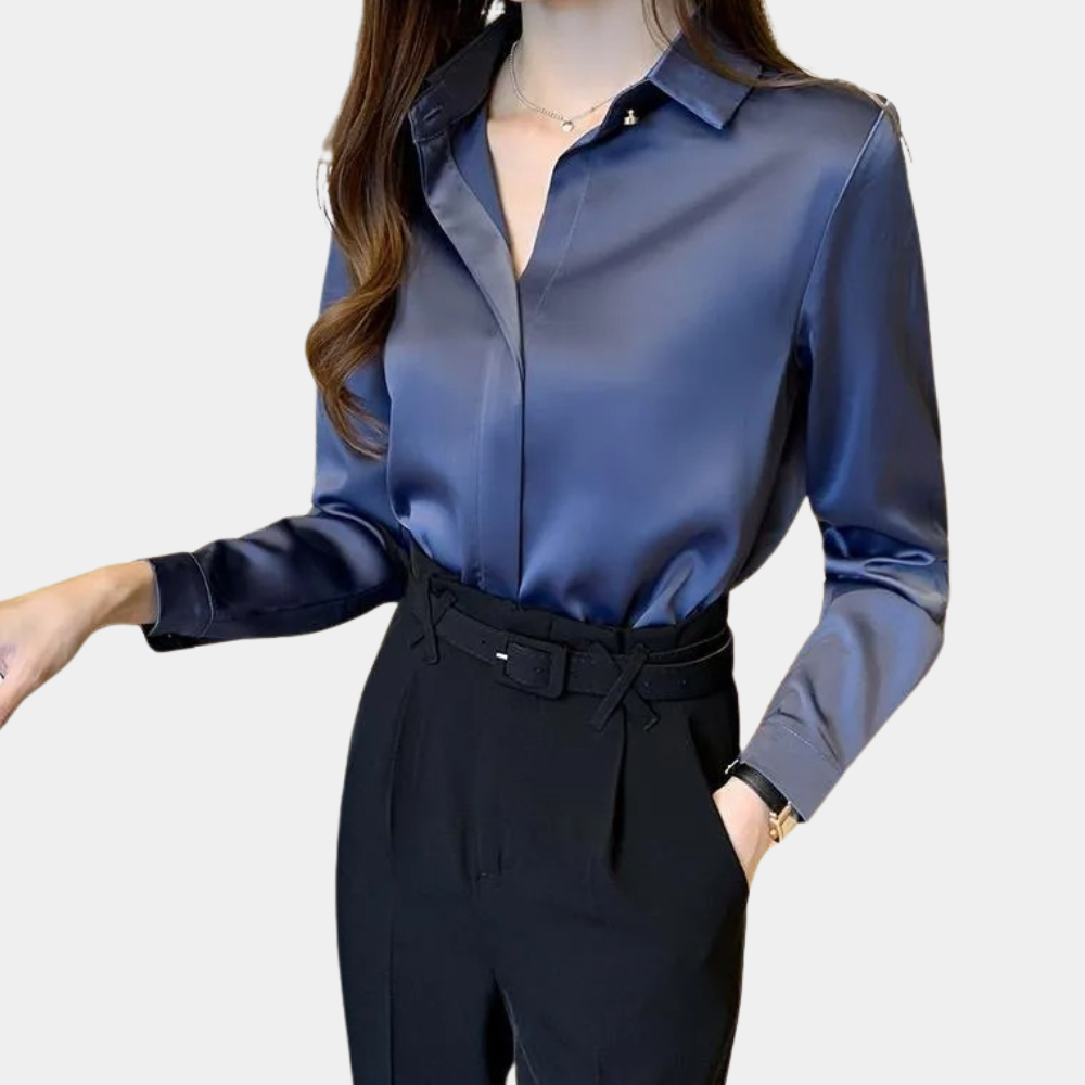 Karena | Satijnen Blouse met Kraag en Lange Mouwen