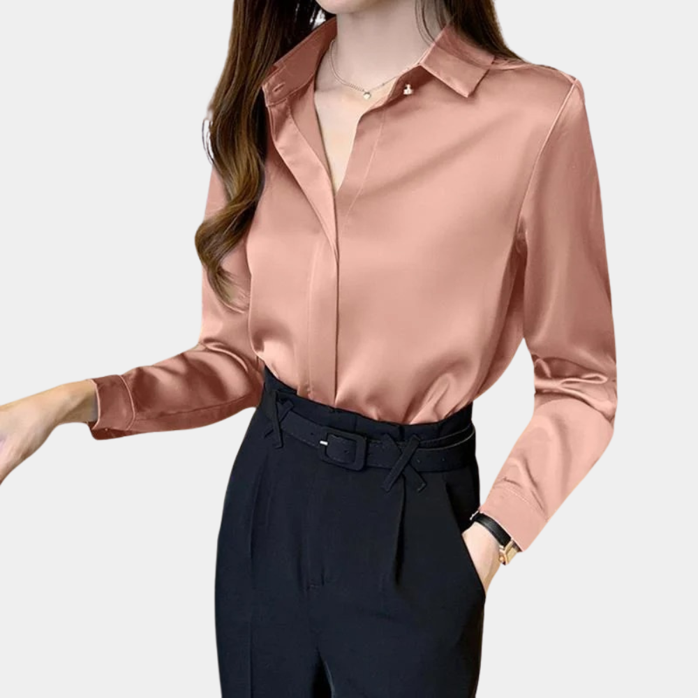 Karena | Satijnen Blouse met Kraag en Lange Mouwen