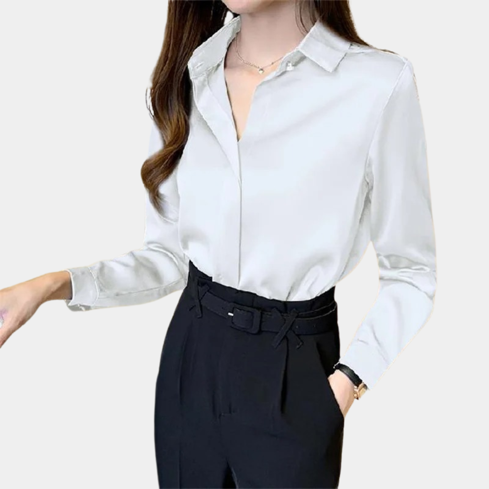 Karena | Satijnen Blouse met Kraag en Lange Mouwen