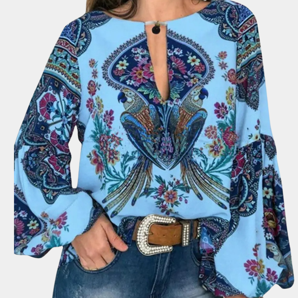 Rosina | Boho Blouse met Pauwenprint en Bloemenpracht