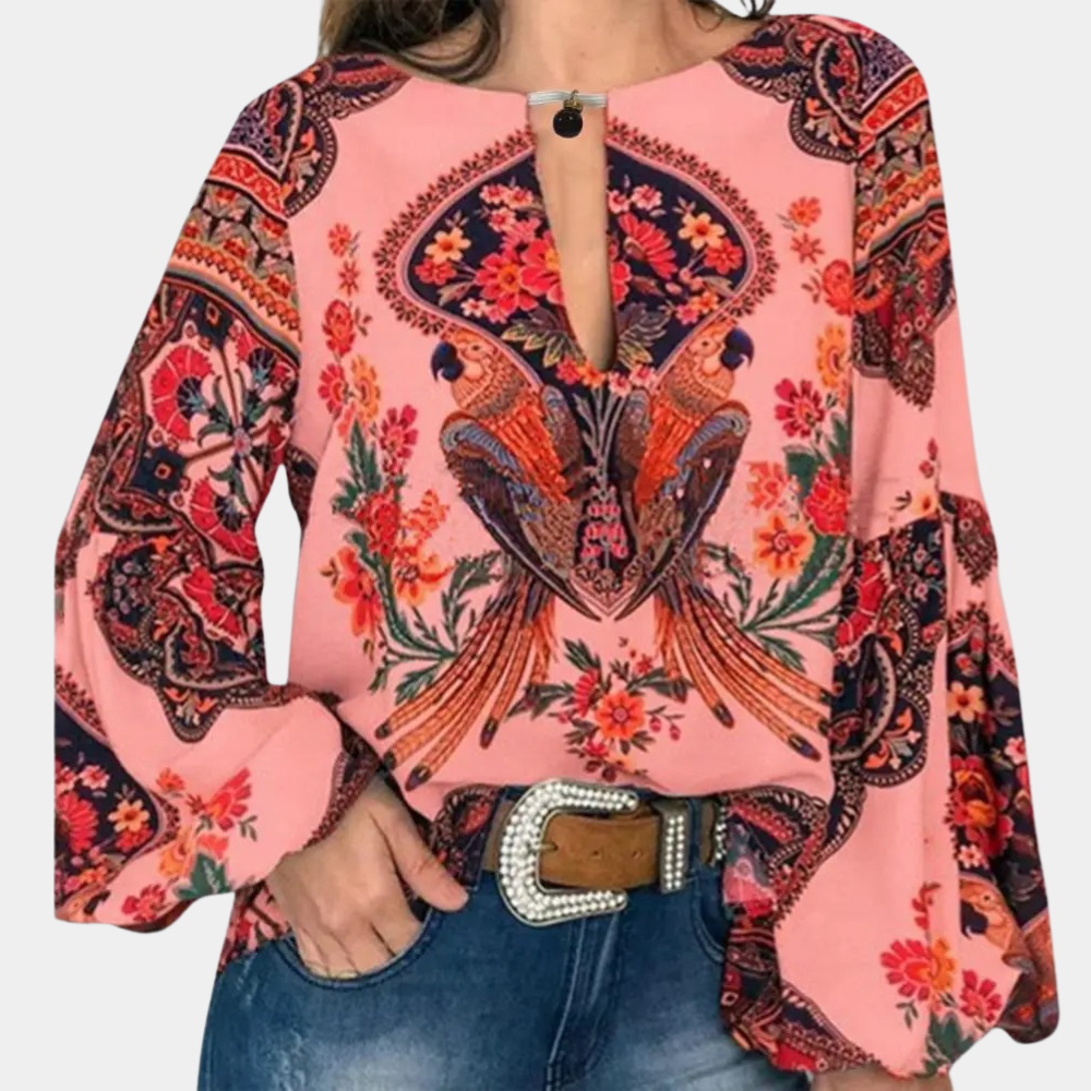 Rosina | Boho Blouse met Pauwenprint en Bloemenpracht