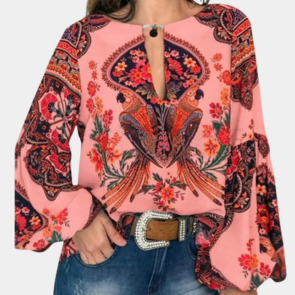 Rosina | Boho Blouse met Pauwenprint en Bloemenpracht