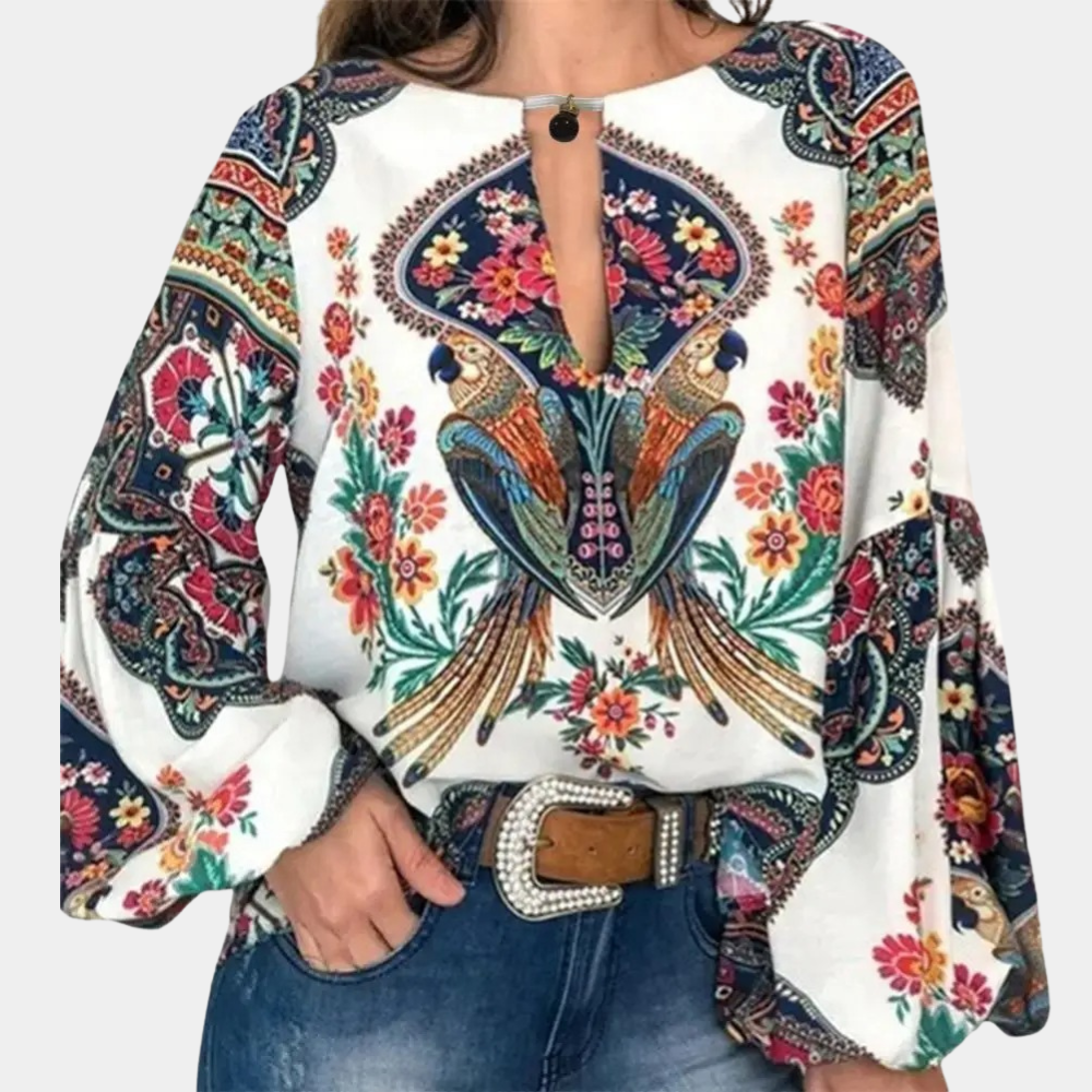 Rosina | Boho Blouse met Pauwenprint en Bloemenpracht