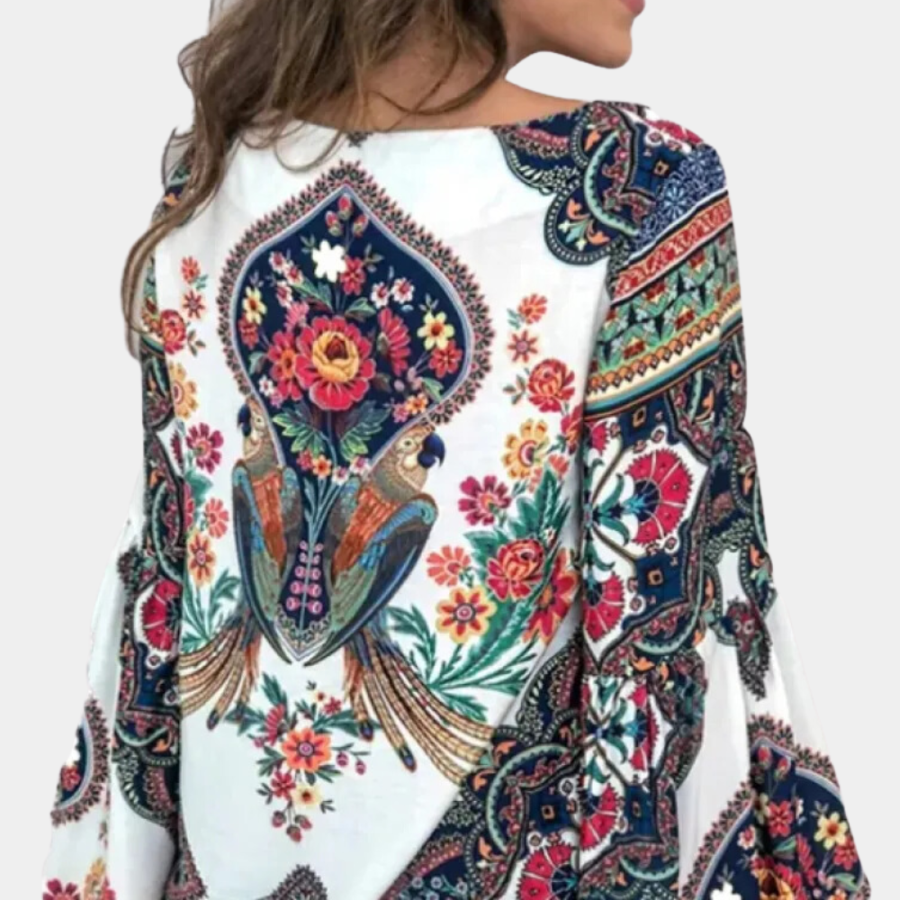 Rosina | Boho Blouse met Pauwenprint en Bloemenpracht