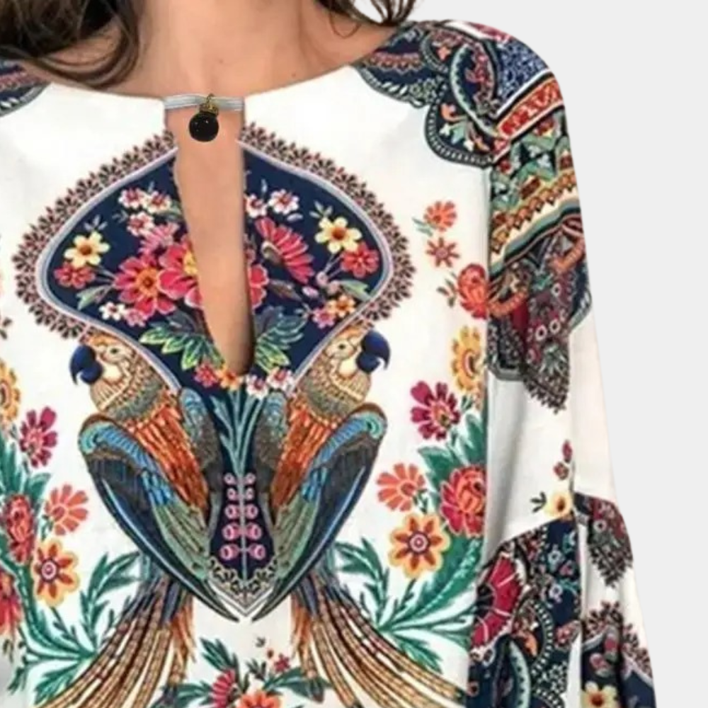 Rosina | Boho Blouse met Pauwenprint en Bloemenpracht