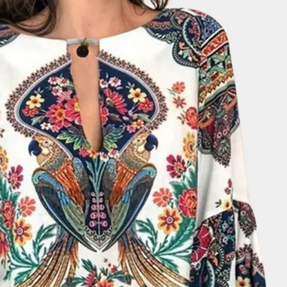 Rosina | Boho Blouse met Pauwenprint en Bloemenpracht