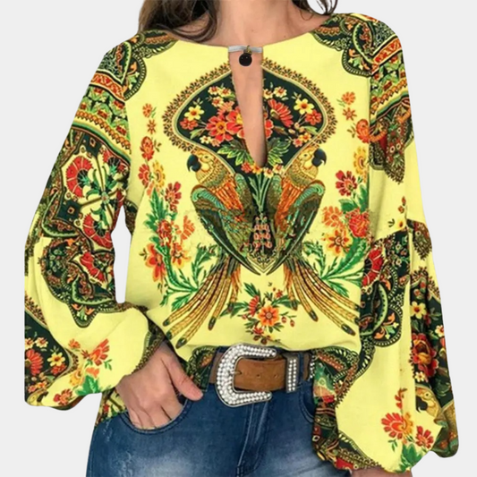 Rosina | Boho Blouse met Pauwenprint en Bloemenpracht