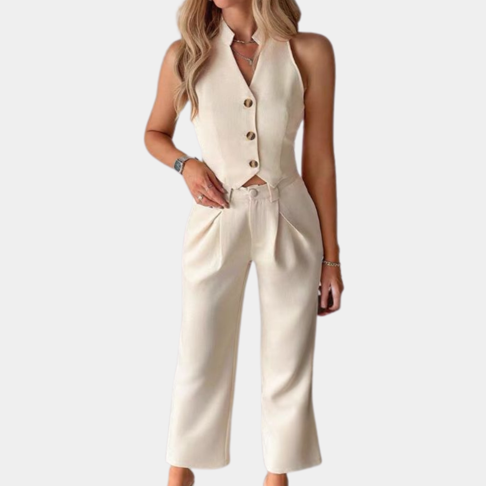 Luxe Beige 2 Delige Dames Set Met Broek En Vest