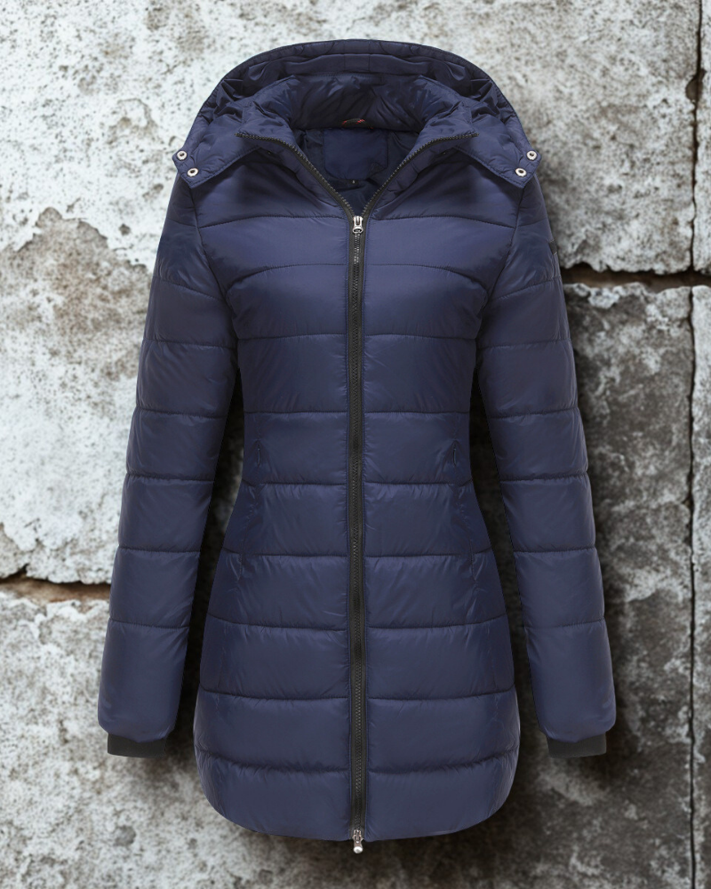 Lange Warme Dames Puffer Jas met Rits en Hoge Kraag