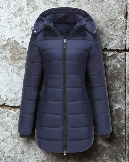 Lange Warme Dames Puffer Jas met Rits en Hoge Kraag