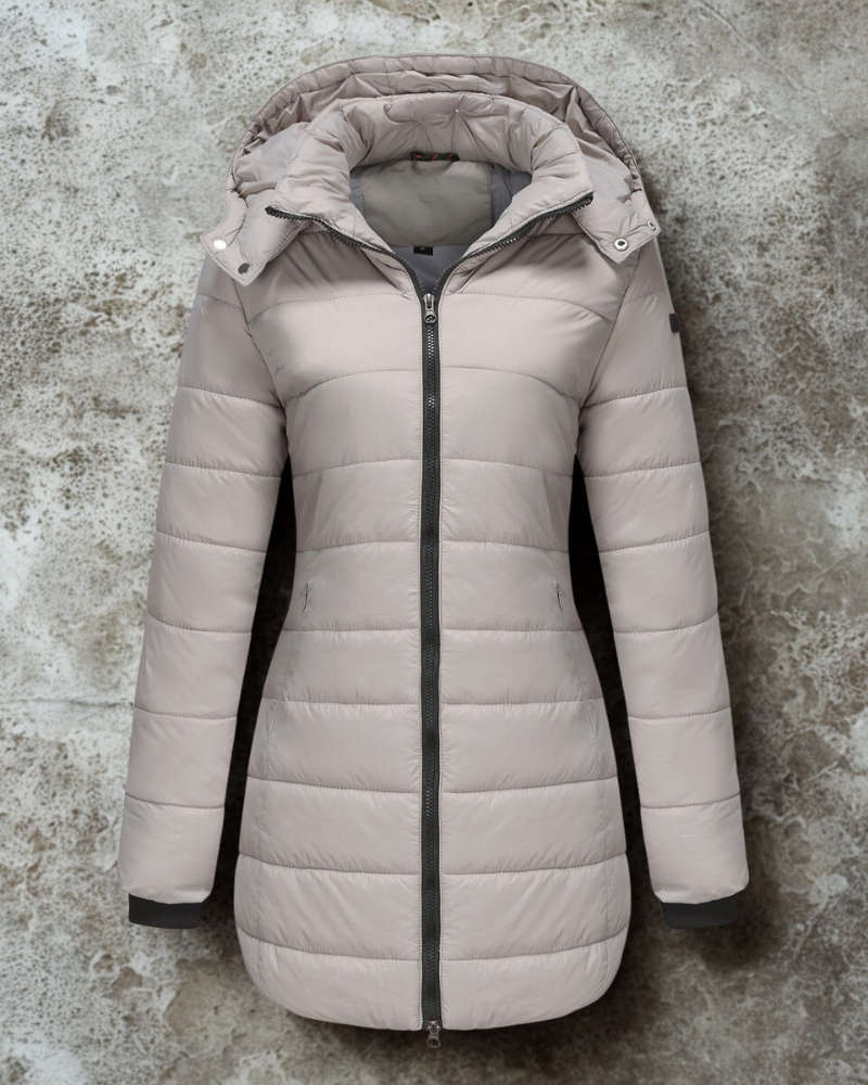 Lange Warme Dames Puffer Jas met Rits en Hoge Kraag
