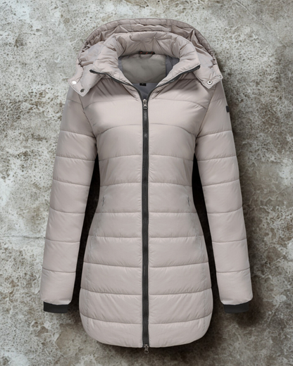 Lange Warme Dames Puffer Jas met Rits en Hoge Kraag
