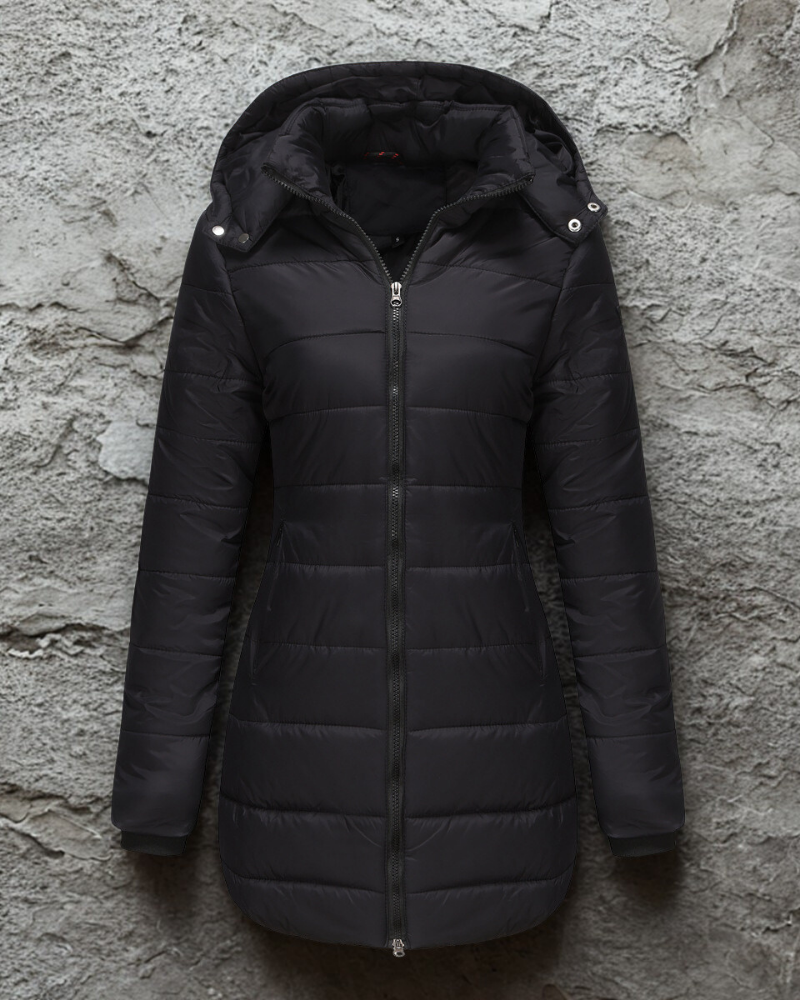 Lange Warme Dames Puffer Jas met Rits en Hoge Kraag