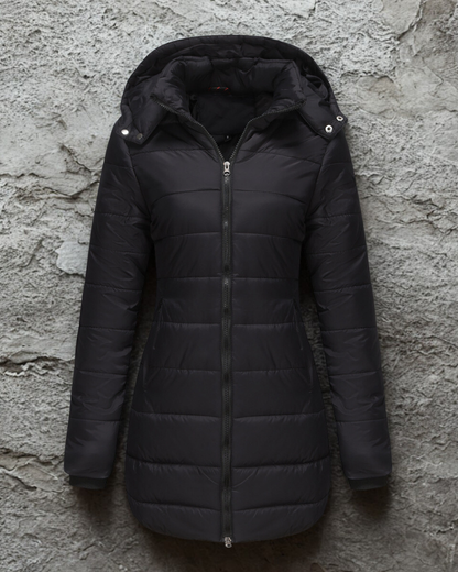 Lange Warme Dames Puffer Jas met Rits en Hoge Kraag
