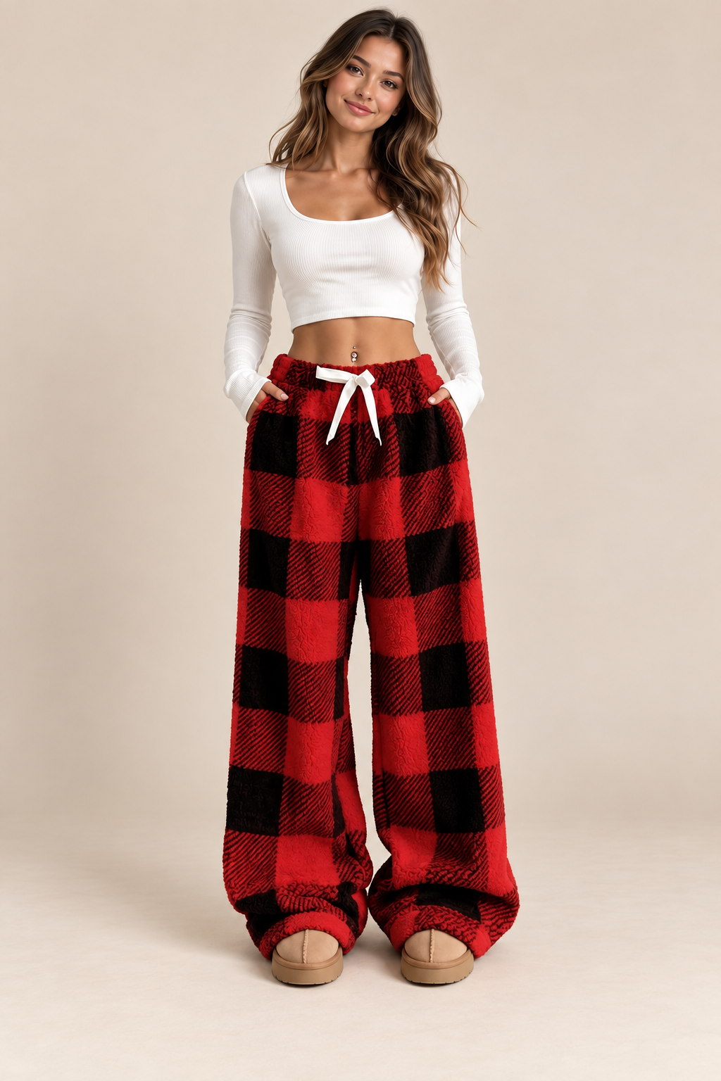 Donzige Fleece Dames Loungebroek met Ruitprint en Verstelbare Tailleband