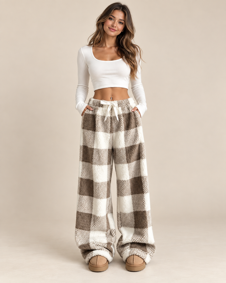 Donzige Fleece Dames Loungebroek met Ruitprint en Verstelbare Tailleband