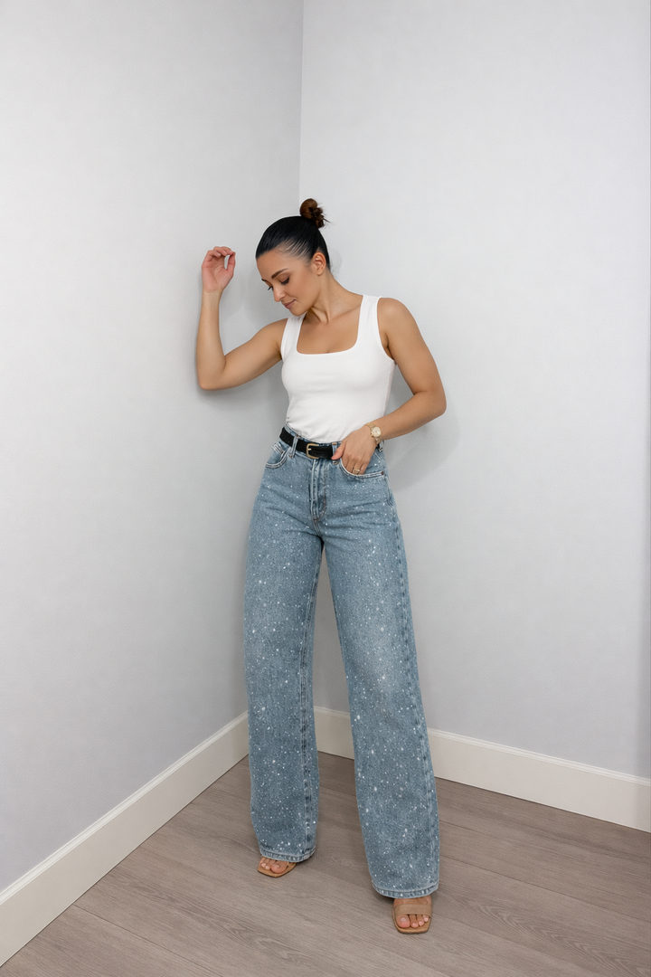 Jean denim pailleté tendance pour femmes avec pantalons larges et taille haute