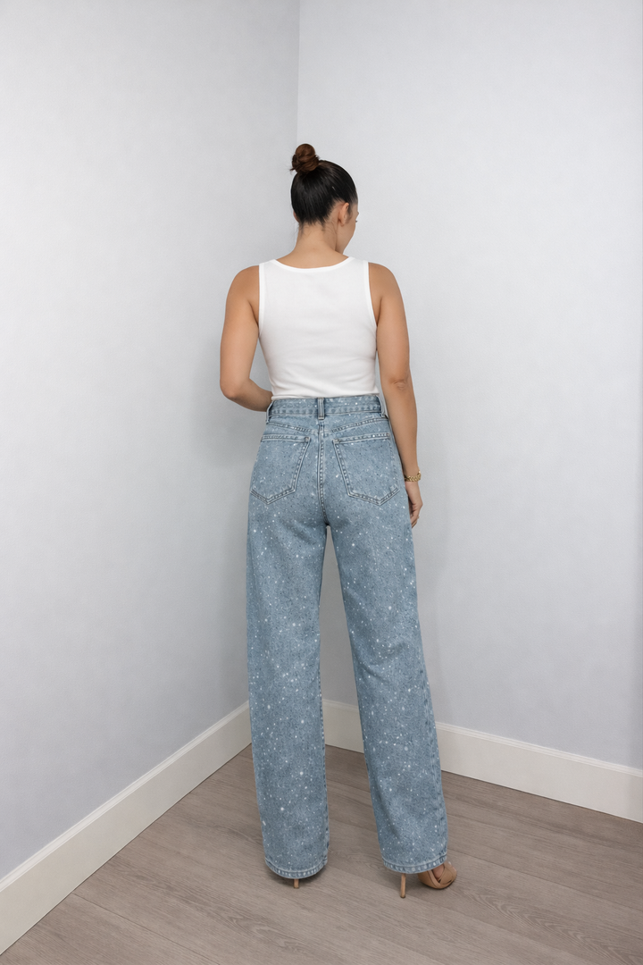 Jean denim pailleté tendance pour femmes avec pantalons larges et taille haute