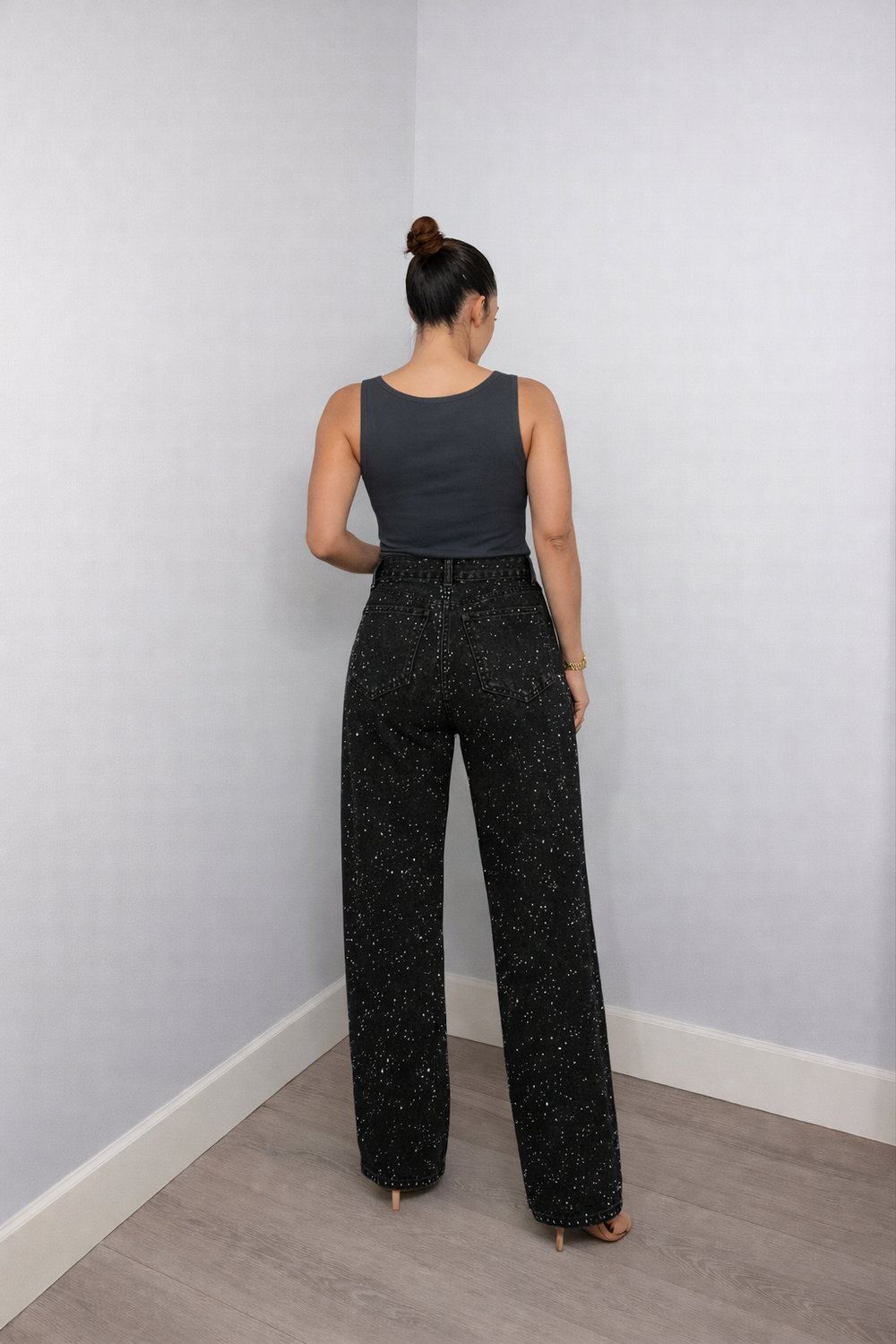 Jean denim pailleté tendance pour femmes avec pantalons larges et taille haute