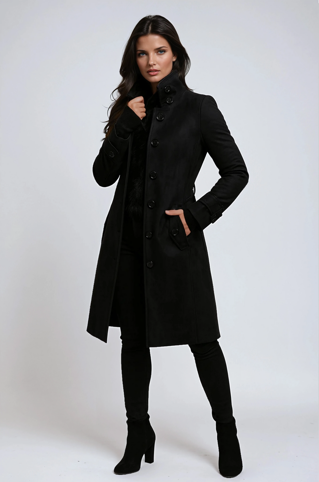 Manteau Femme Élégant Cintré avec Boutons et Col Haut