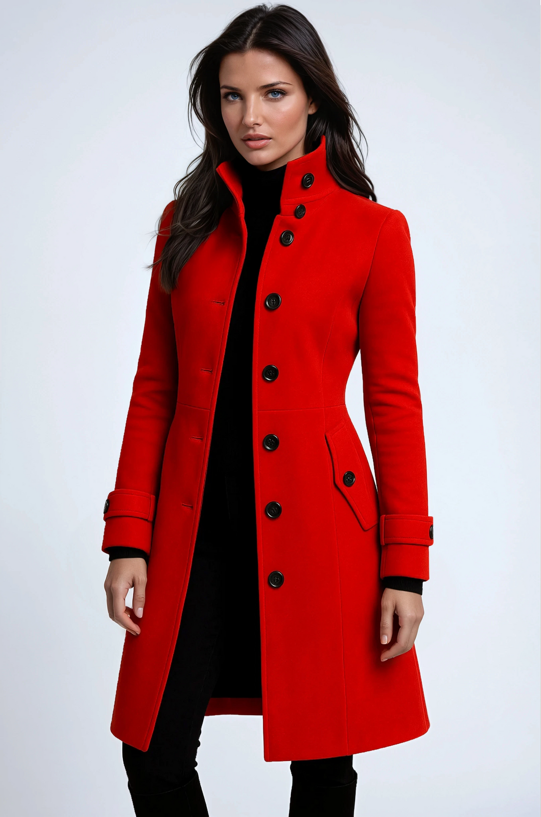 Manteau Femme Élégant Cintré avec Boutons et Col Haut