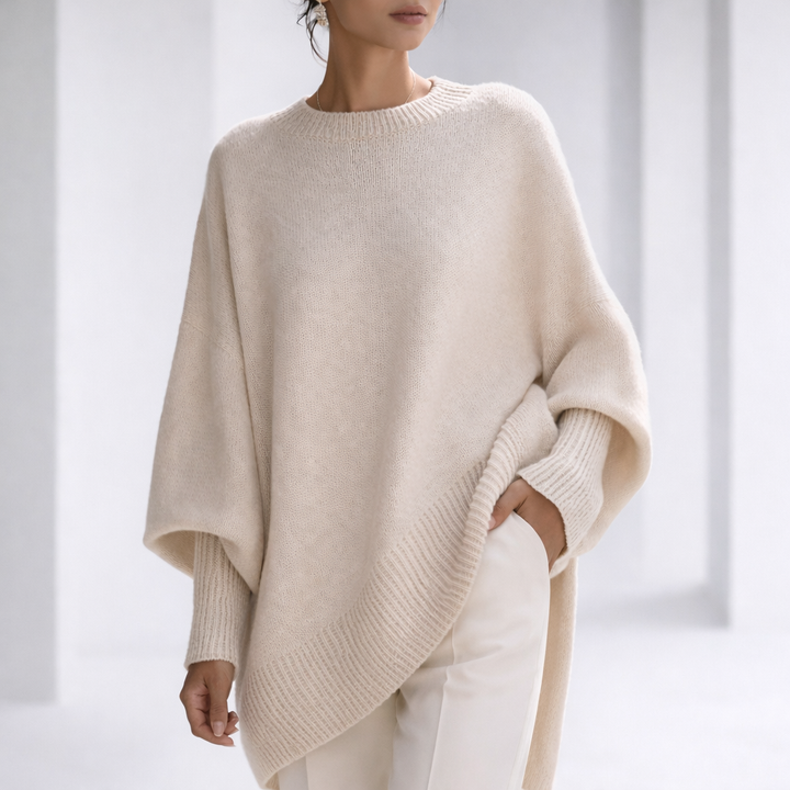 Lichtgewicht Cashmere Dames Sweater met Asymmetrische Zoom en Geribde Boorden