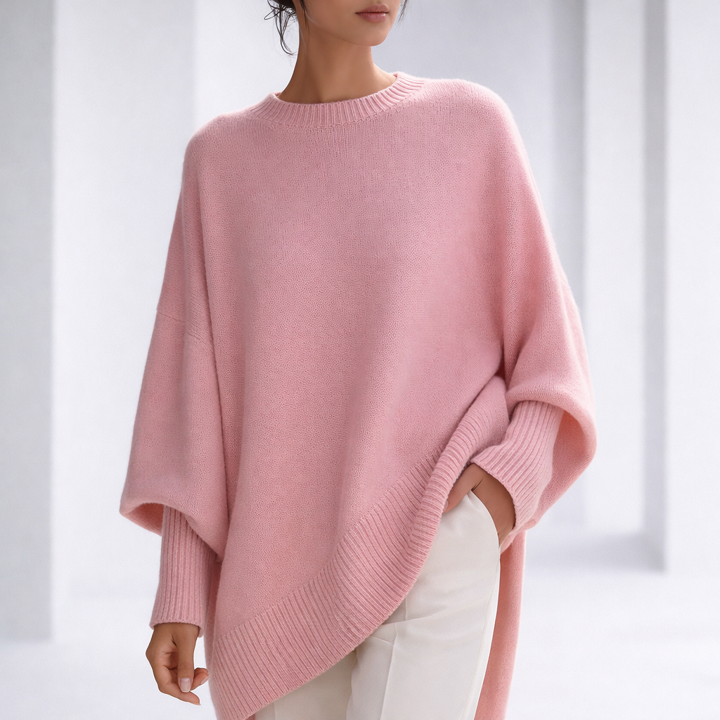 Lichtgewicht Cashmere Dames Sweater met Asymmetrische Zoom en Geribde Boorden