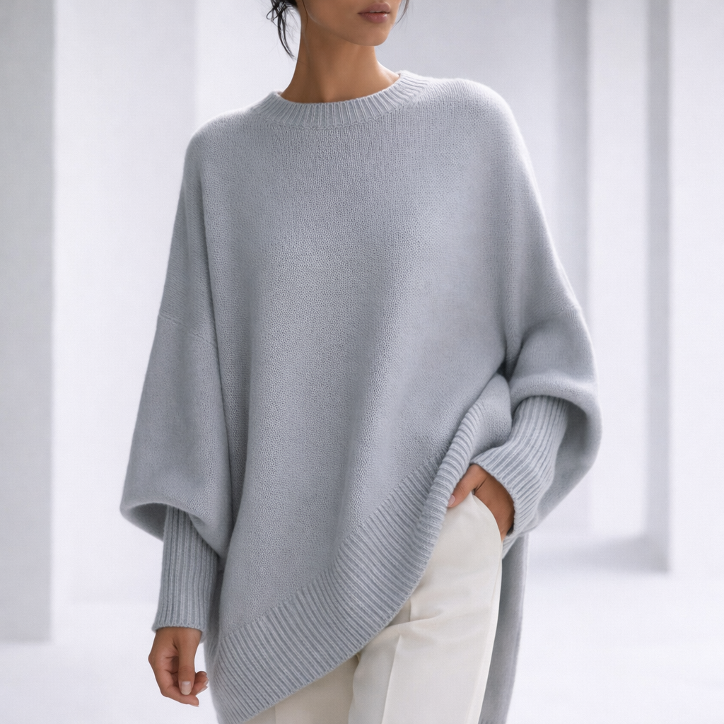Lichtgewicht Cashmere Dames Sweater met Asymmetrische Zoom en Geribde Boorden