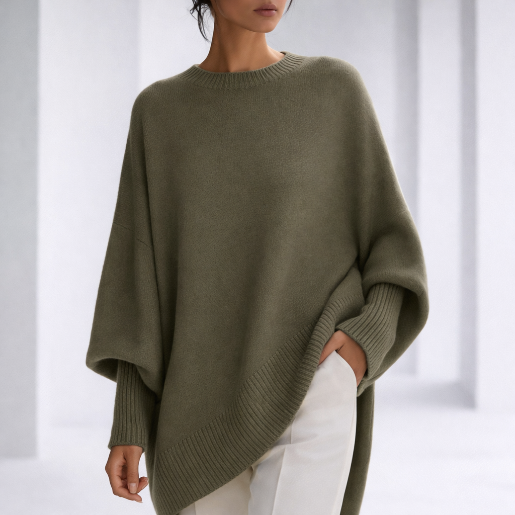 Lichtgewicht Cashmere Dames Sweater met Asymmetrische Zoom en Geribde Boorden