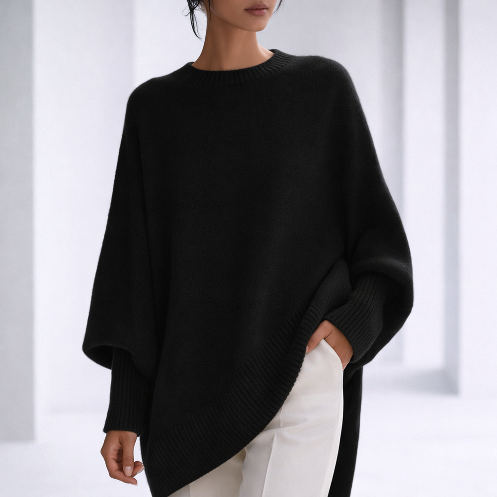 Lichtgewicht Cashmere Dames Sweater met Asymmetrische Zoom en Geribde Boorden